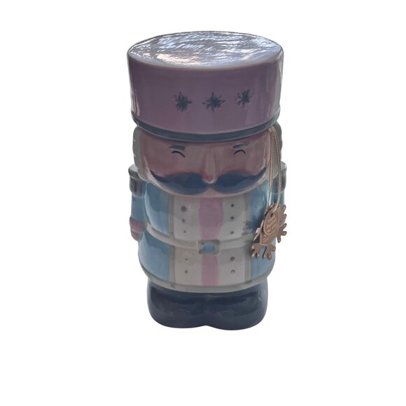 Hand-Painted Christmas Nutcracker Toy Soldier Ceramic Cookie Jar In Pink & Blue - Picture 1 of 9